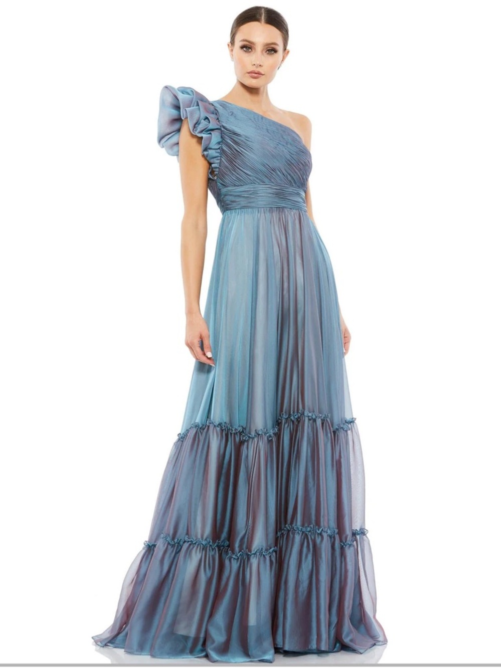 Mac Duggal One Shoulder Ruffle Sleeve Maxi Dress